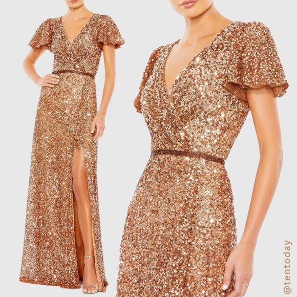 Mac Duggal Size 16 Copper Sequin Beaded V-Neck Short Sleeve Long Maxi Gown Dress - Picture 1 of 5